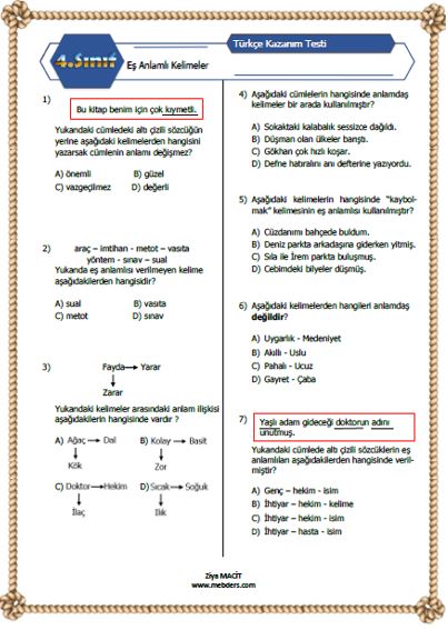 4. Sınıf Türkçe Eş Anlamlı Kelimeler Testi