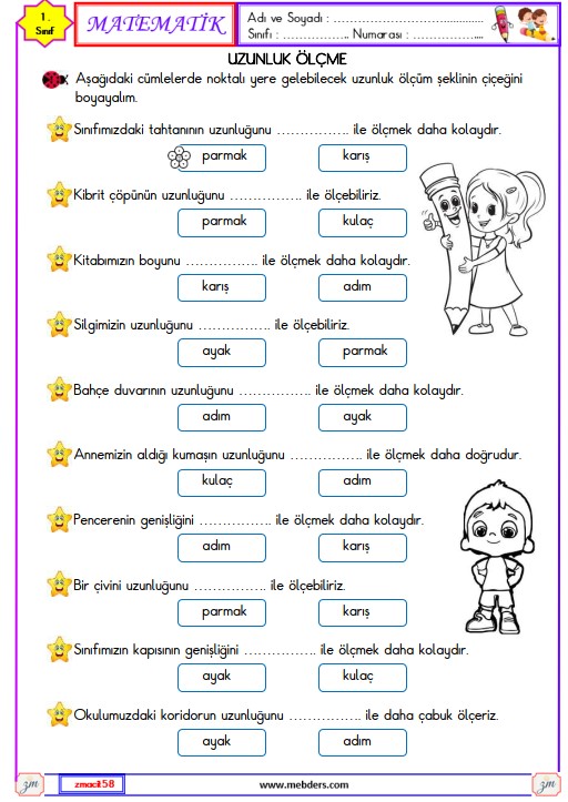1. Sınıf Matematik Uzunluk Ölçme Etkinliği 8