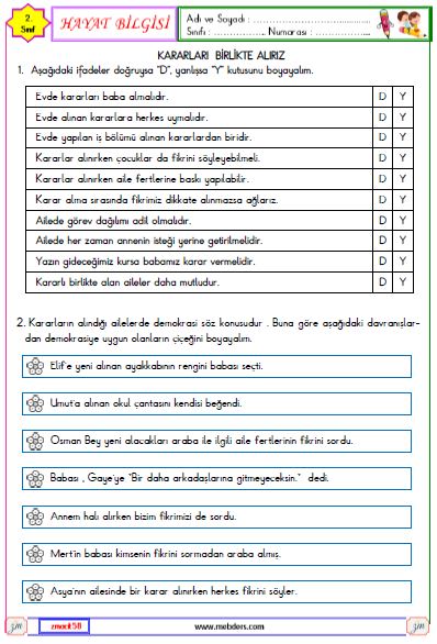 2. Sınıf Hayat Kararları Birlikte Alırız Etkinliği