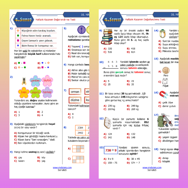 4. Sınıf Haftalık Değerlendirme Testi - 16. Hafta