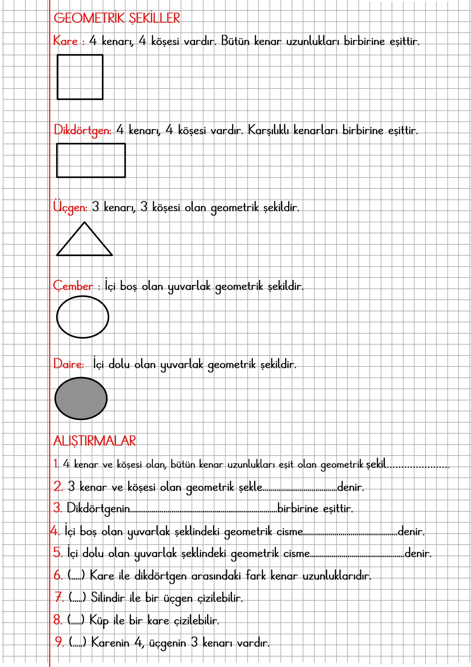 1.Sınıf Matematik Kareli Defterde Geometrik Şekiller Konu Özeti
