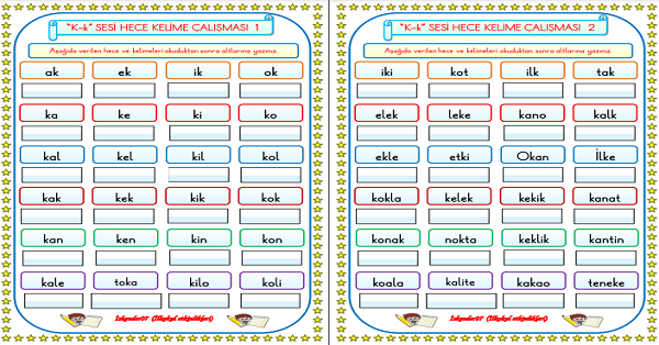 1.Sınıf İlk Okuma Yazma K-k Sesi Hece Kelime Okuma Yazma Çalışması