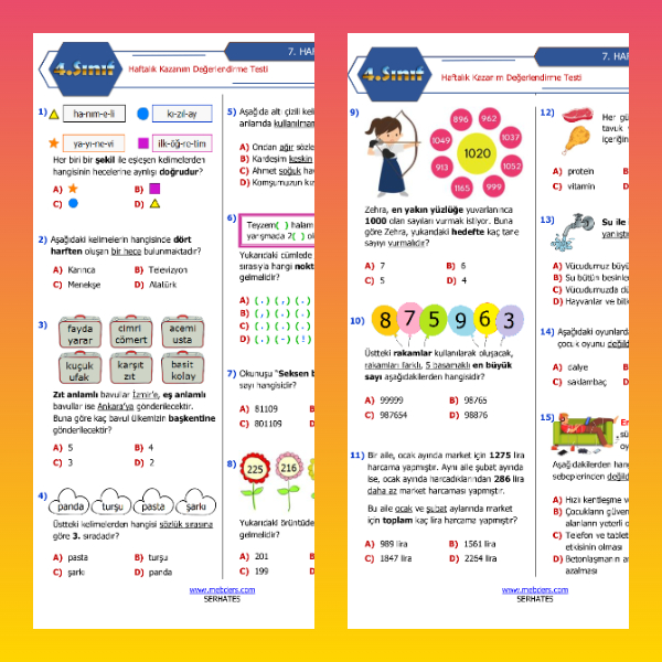 4. Sınıf Haftalık Değerlendirme Testi - 7. Hafta