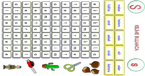 1.Sınıf İlk Okuma Yazma (Ss-Bb Sesi) Kelime Bulmaca Etkinliği