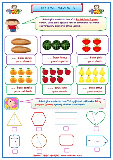 1.Sınıf Matematik Kesirler Bütün Yarım Çalışması  5