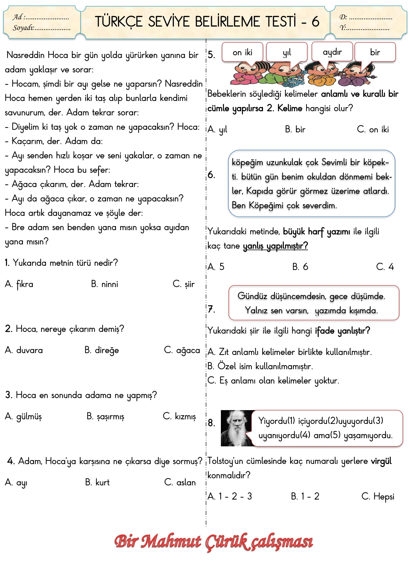 2.Sınıf Türkçe Seviye Belirleme Testi-6