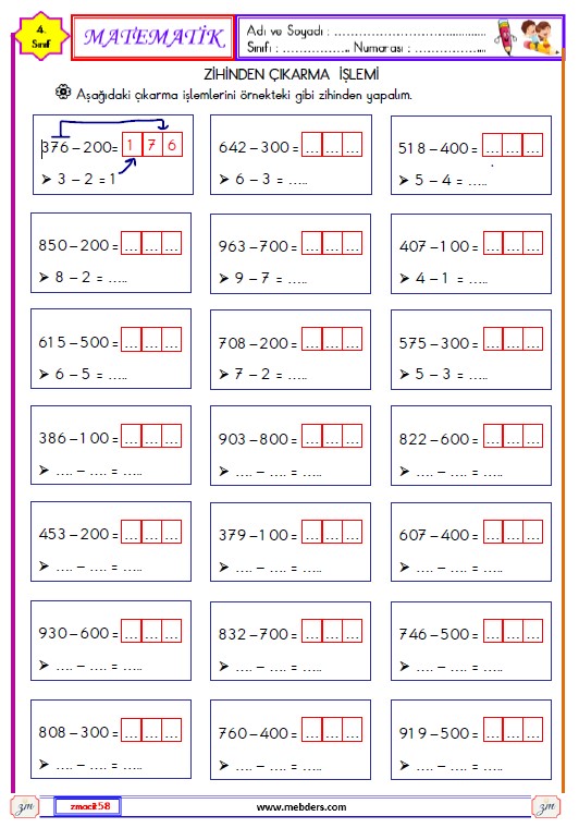 4. Sınıf Matematik Zihinden Çıkarma İşlemi Etkinliği 2