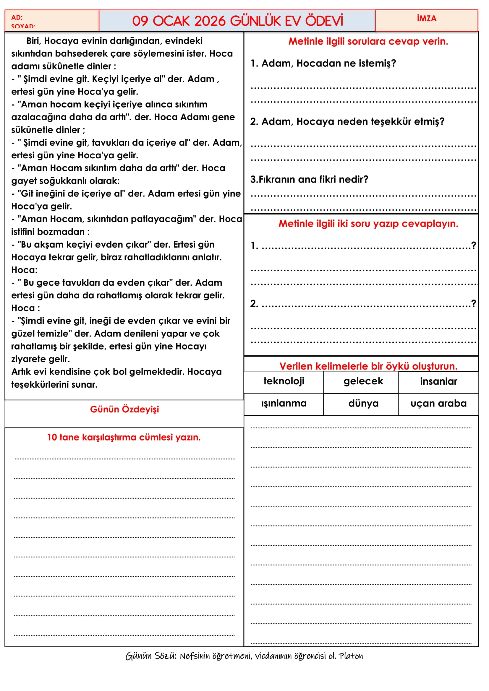 4.Sınıf - 09 Ocak 2026 Günlük Ev Ödevleri