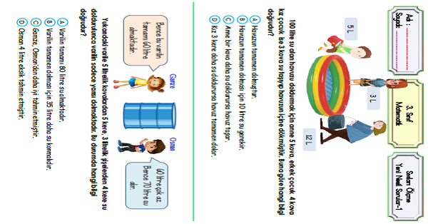 3.Sınıf Matematik Sıvıları Ölçme Yeni Nesil Sorular