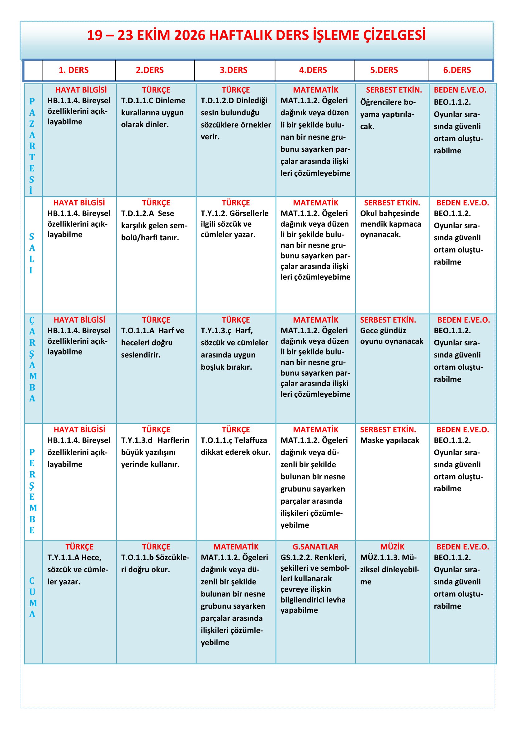 1.Sınıf 19 -  23 Ekim 2026 Haftalık Ders İşleme Çizelgesi