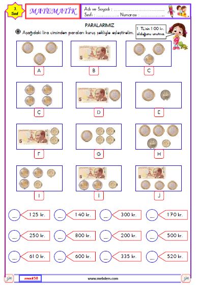 3. Sınıf Matematik Paralarımız Etkinliği 1