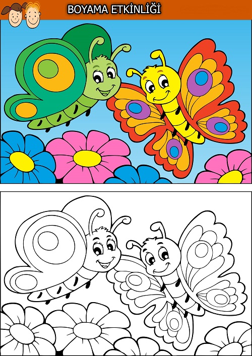 İki sevimli kelebek boyama etkinliği