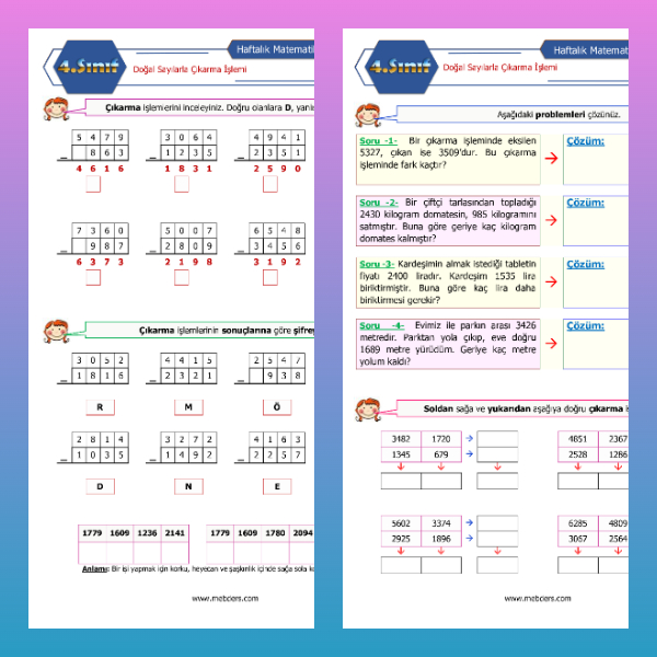 4. Sınıf Matematik - Doğal Sayılarla Çıkarma İşlemi Etkinlikleri