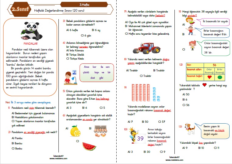 2.Sınıf Haftalık Değerlendirme Testi-3.Hafta(20-24 Eylül)