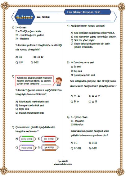 4. Sınıf Fen Bilimleri  Ses Kirliliği Kazanım Testi