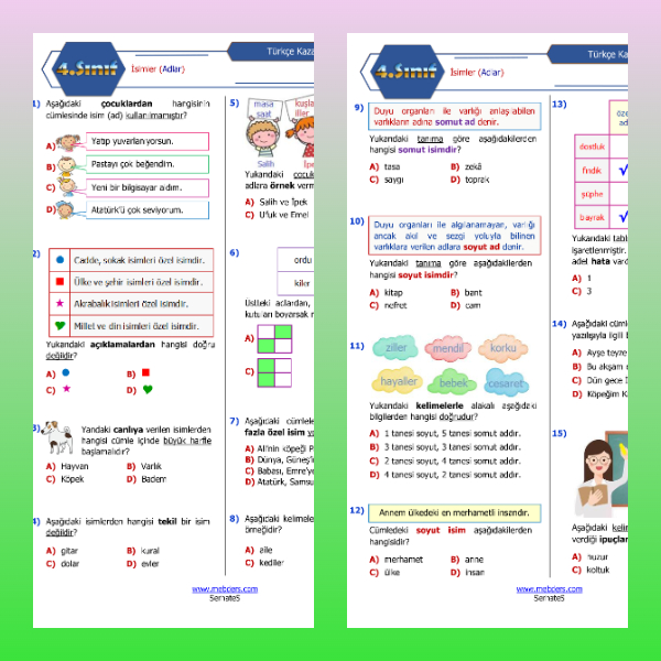 4. Sınıf Türkçe - İsimler (Adlar) Konu Testi