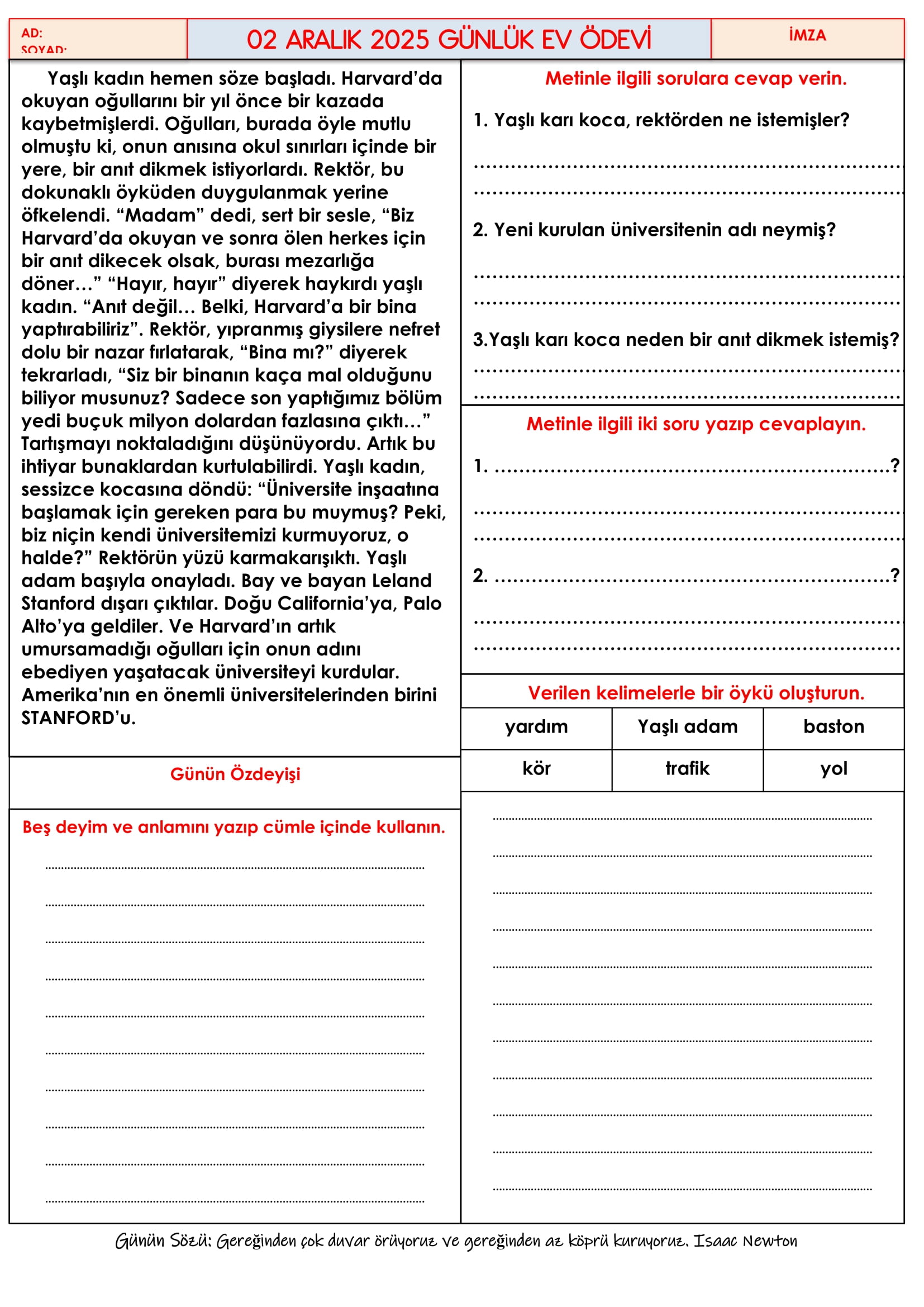 4.Sınıf - 02 Aralık 2025 Günlük Ev Ödevleri