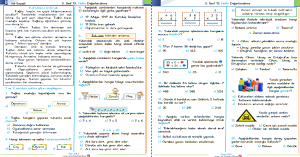3. Sınıf Haftalık Kazanım Değerlendirme Testi 13. Hafta (08 - 12 Aralık)