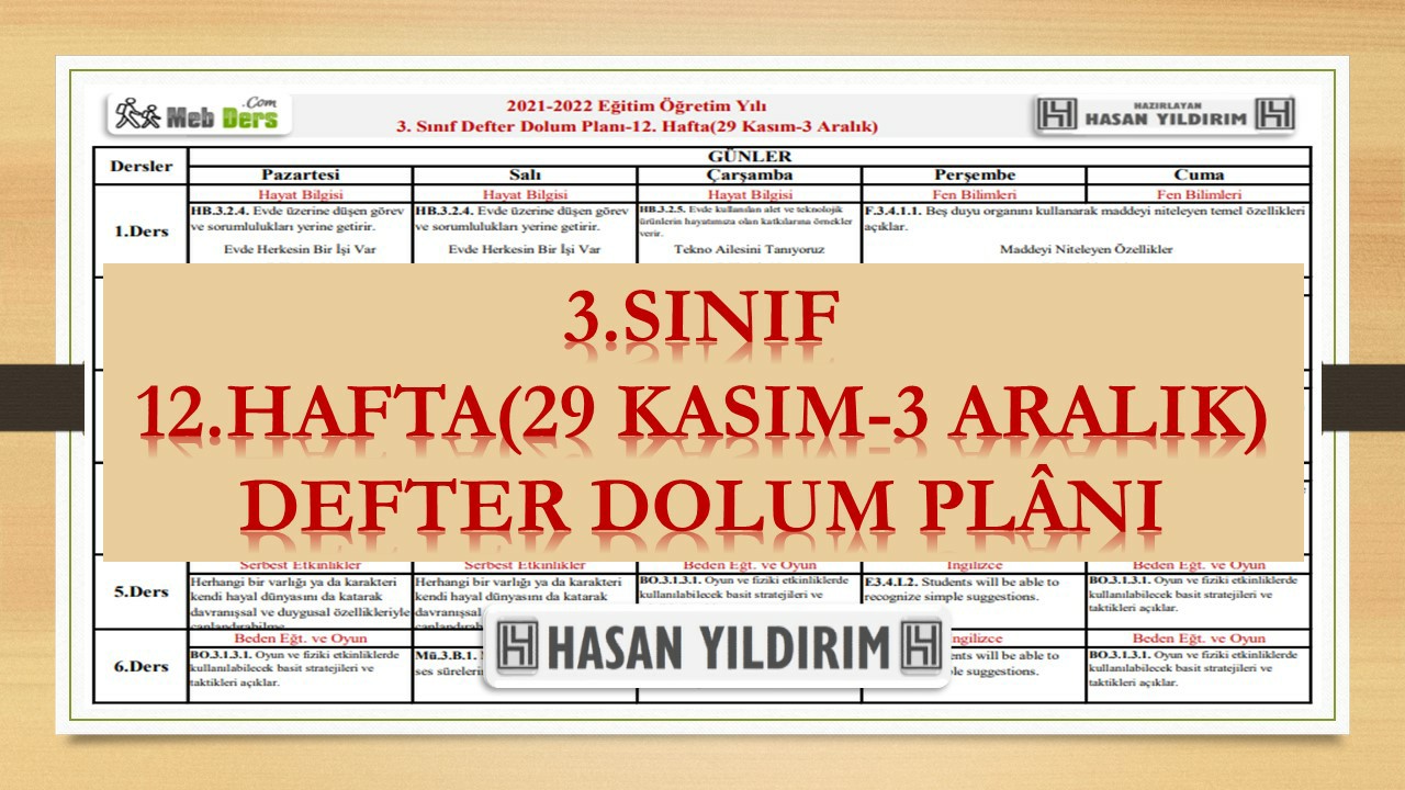 3.Sınıf 12.Hafta(29 Kasım-3 Aralık) Defter Dolum Planı