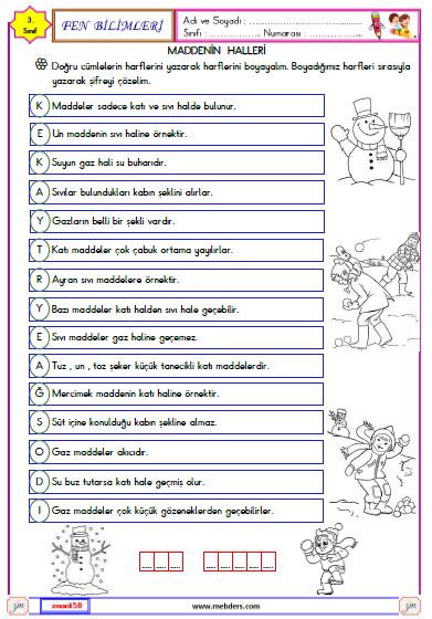 3. Sınıf Fen Bilimleri Maddenin Halleri Etkinliği 4