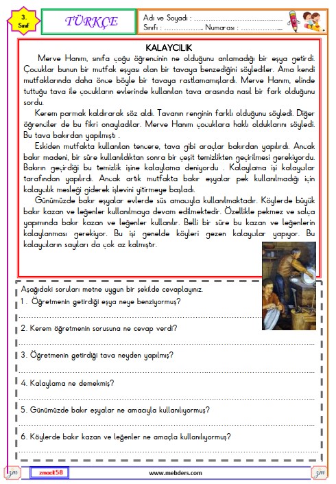 3. Sınıf Türkçe Okuma ve Anlama Metni Etkinliği 34 (Kalaycılık)