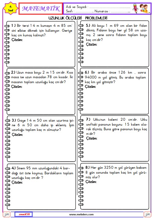 4. Sınıf Matematik Uzunluk Ölçme Problemleri Etkinliği 14
