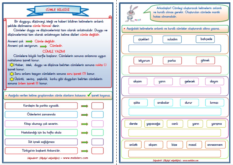 1.Sınıf Türkçe Cümle (Tümce) Bilgisi Konu Anlatımı ve Etkinlik Çalışması  (4 sayfa)