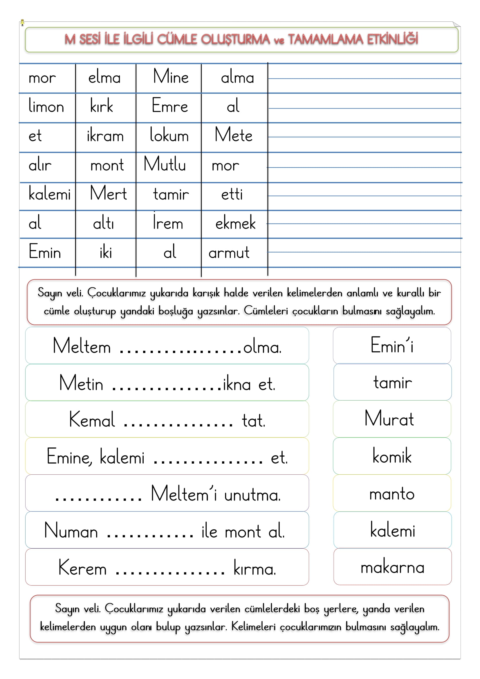 1.Sınıf İlk Okuma Yazma M Sesi Cümle Oluşturma ve Tamamlama Etkinliği