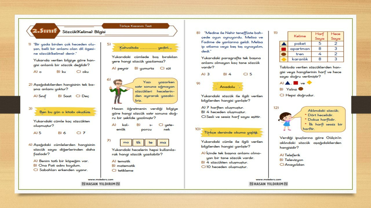 2.Sınıf Türkçe Sözcük Bilgisi Testi