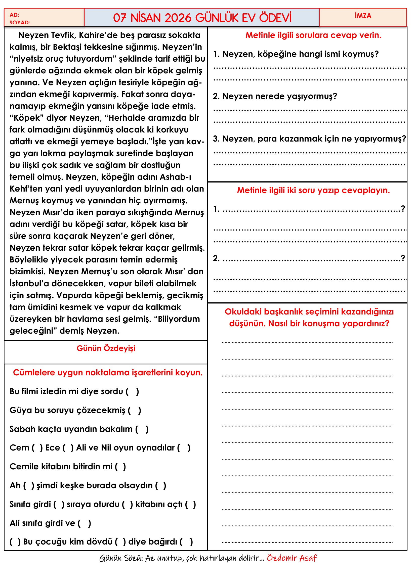 4.Sınıf - 07 Nisan 2026 Günlük Ev Ödevleri