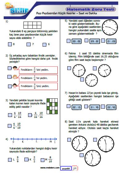 3. Sınıf Matematik  Payı Paydasından Küçük Kesirler - Saat ve Dakika Testi