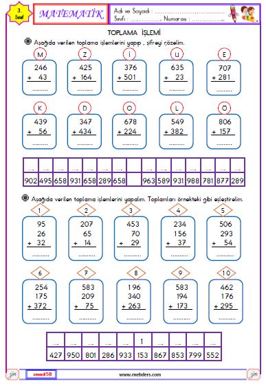 3. Sınıf Matematik Toplama İşlemi Etkinliği 1