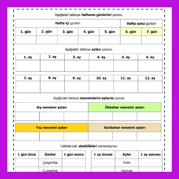 1. Sınıf Matematik - Günler, Aylar ve Mevsimler Defter Çalışması