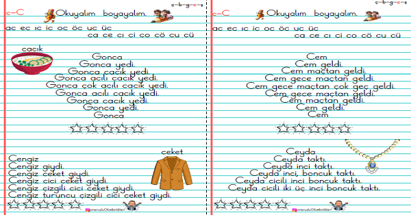 1. Sınıf İlk Okuma Yazma C Sesi Hızlı Okuma Metinleri (3 Sayfa)