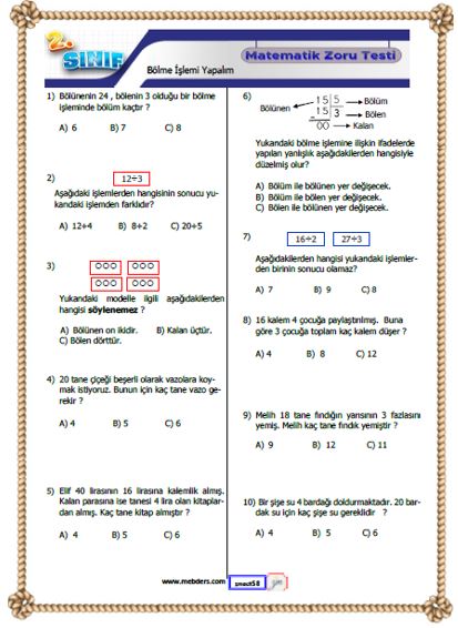 2.Sınıf Matematik Bölme İşlemi Yapalım Testi