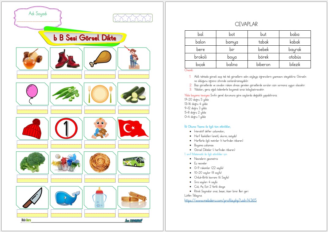 1. Sınıf İlk Okuma Yazma B Sesi GÖRSEL DİKTE