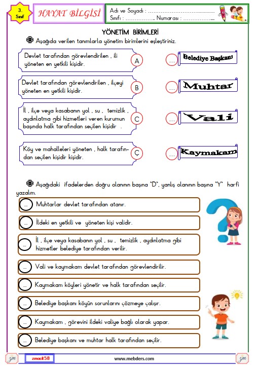 3. Sınıf Hayat Bilgisi Yönetim Birimleri Etkinliği