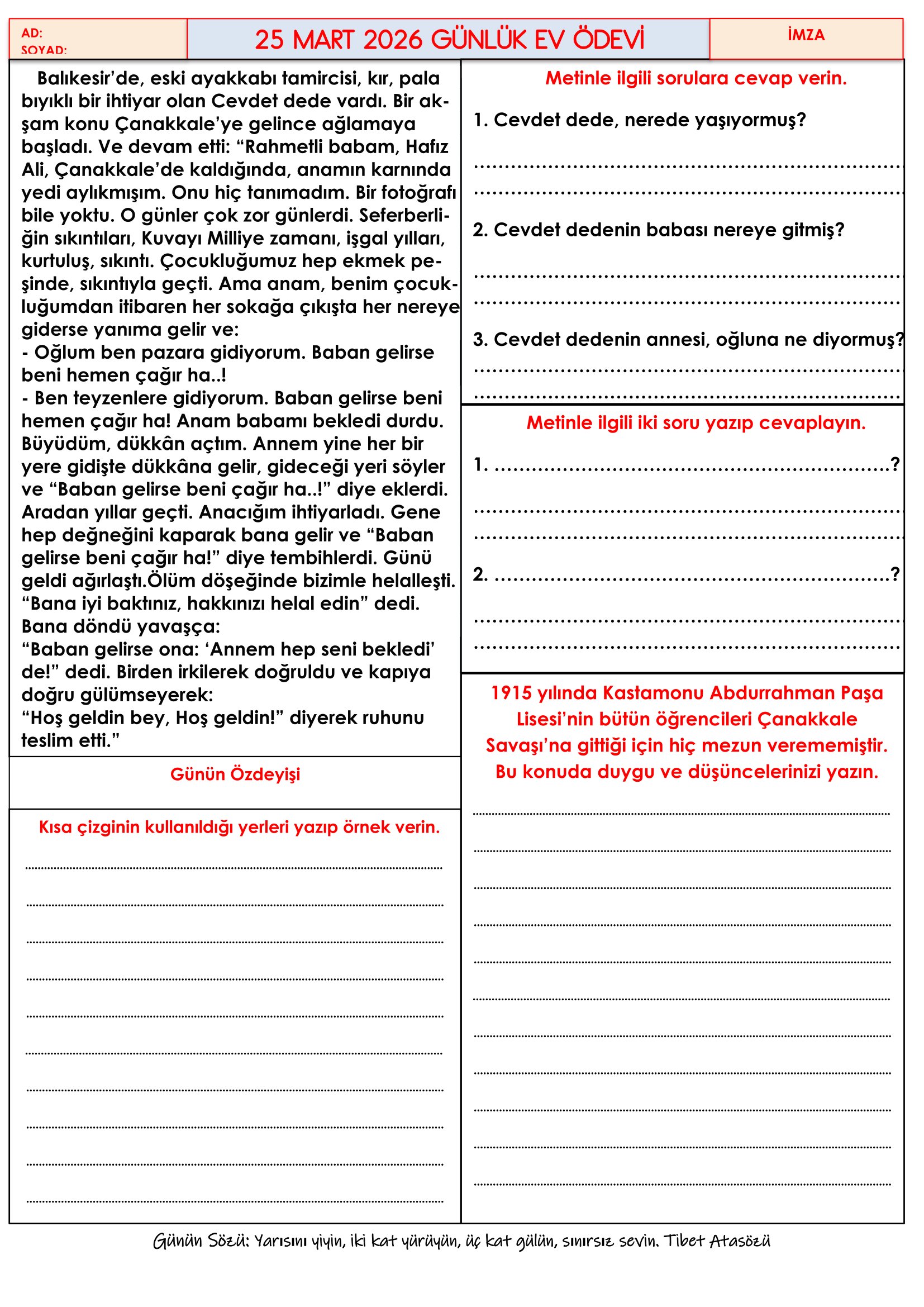 4.Sınıf - 25 Mart 2026 Günlük Ev Ödevleri