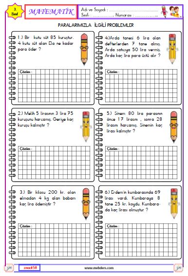 3. Sınıf Matematik Paralarımız ile İlgili Problemler Etkinliği