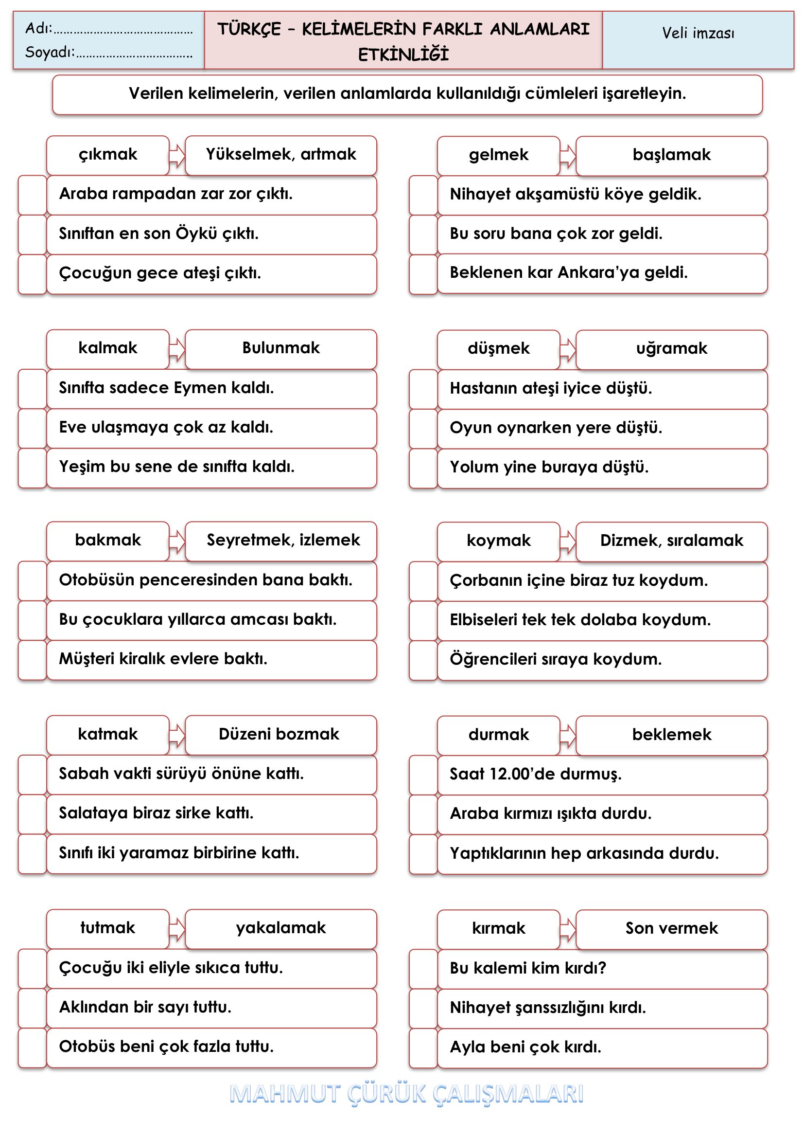 2.Sınıf - Türkçe - Kelimelerin Farklı Anlamları Etkinliği-2
