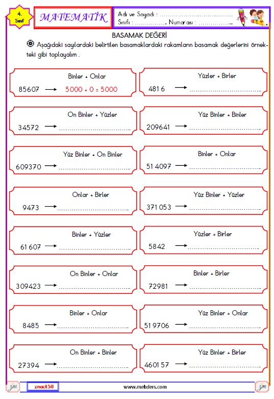 4. Sınıf Matematik Basamak Değeri ve Sayıları Çözümleme Etkinliği