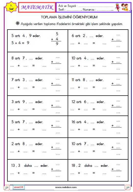 1. Sınıf Matematik Toplama İşlemi Etkinliği 7