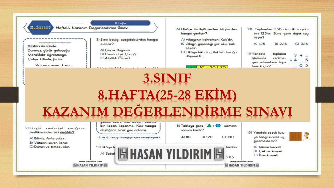 3.Sınıf Haftalık Değerlendirme Testi-8.Hafta(25-28 Ekim)