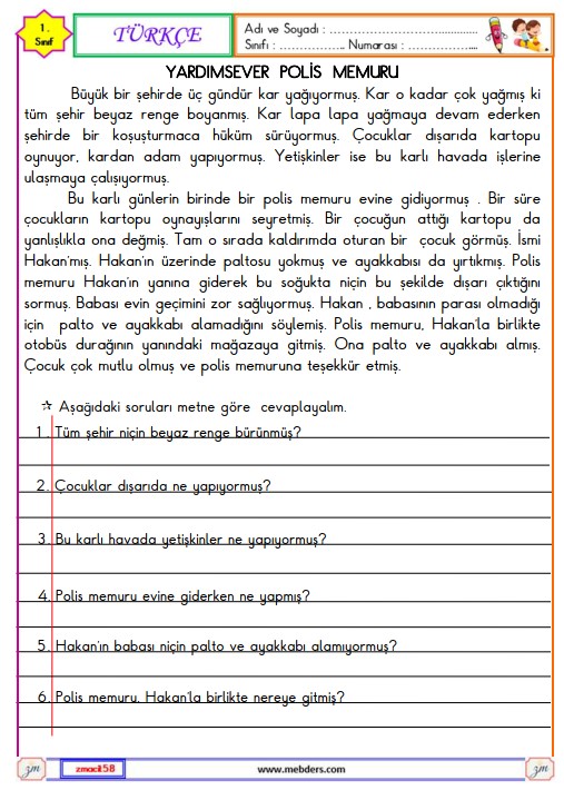 1. Sınıf Türkçe Okuma ve Anlama Metni Etkinliği (Yardımsever Polis Memuru)