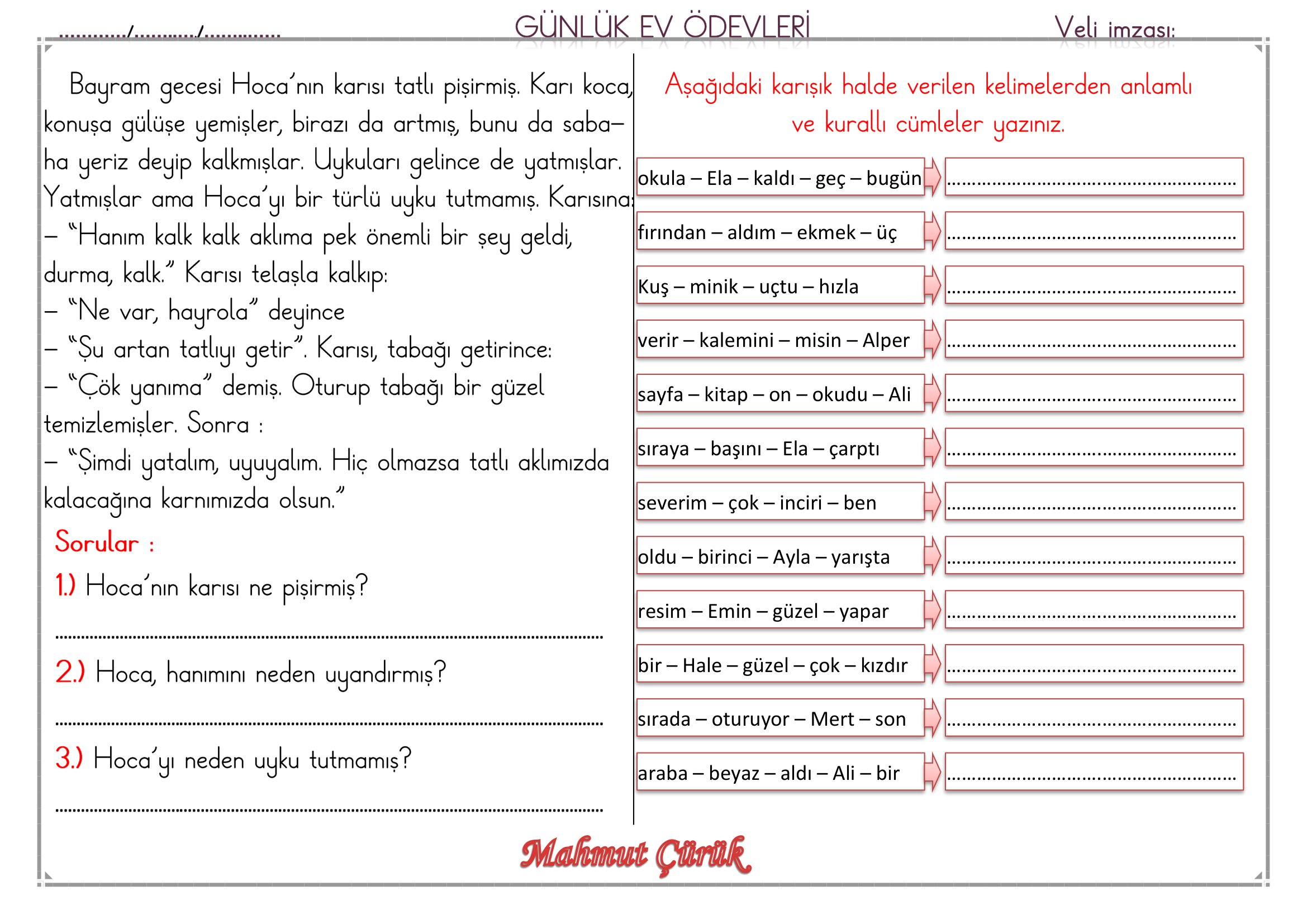 1.Sınıf - 12 Mayıs 2026 Günlük Ev Ödevleri
