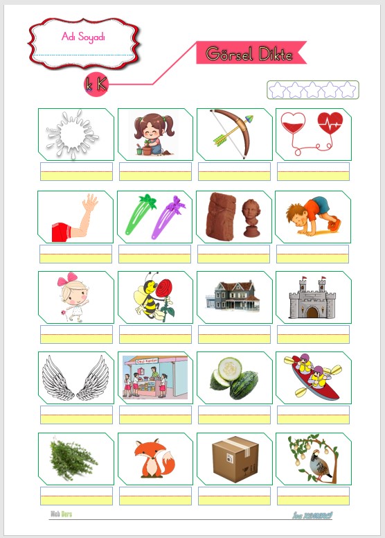 1. Sınıf İlk Okuma Yazma K Sesi GÖRSEL DİKTE