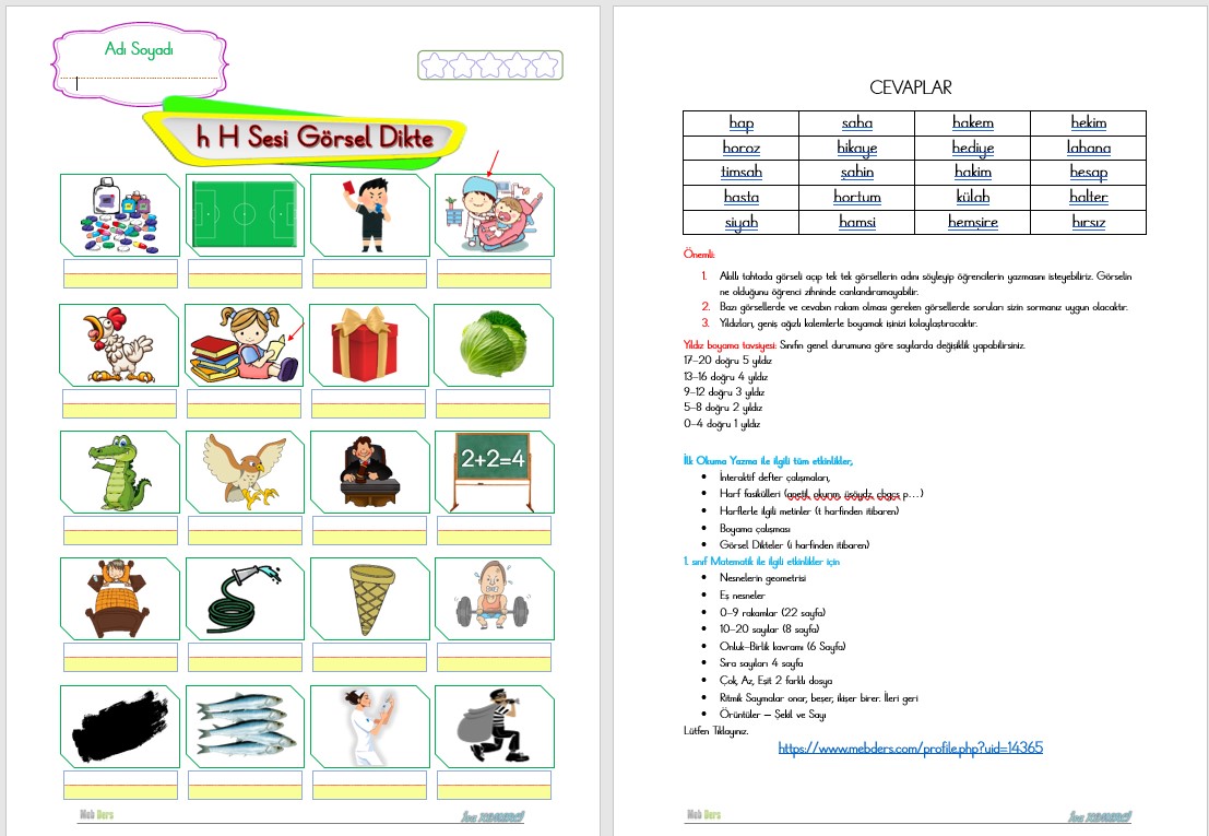 1. Sınıf İlk Okuma Yazma H Sesi GÖRSEL DİKTE