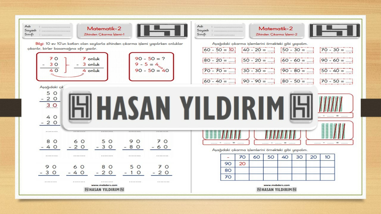 2.Sınıf Matematik Zihinden Çıkarma İşlemi Çalışma Sayfaları