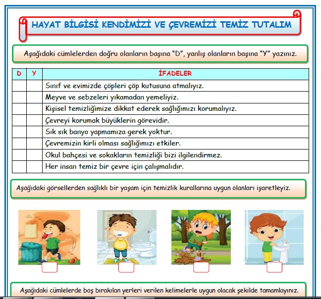 2.Sınıf Hayat Bilgisi Kendimizi ve Çevremizi Temiz Tutalım Etkinlik Çalışması