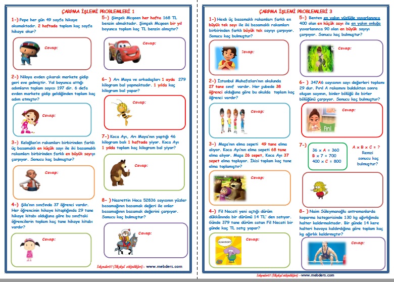 4.Sınıf Matematik Çarpma İşlemi Problemleri   (4 SAYFA)